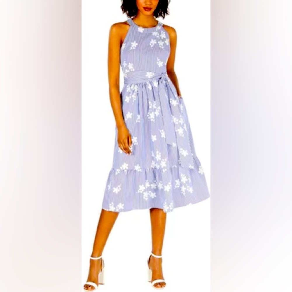 Jessica Howard Blue Striped Women’s Dress with Floral Embroidery
